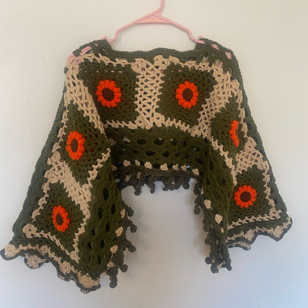 Handmade Crochet Poncho in Green and Beige